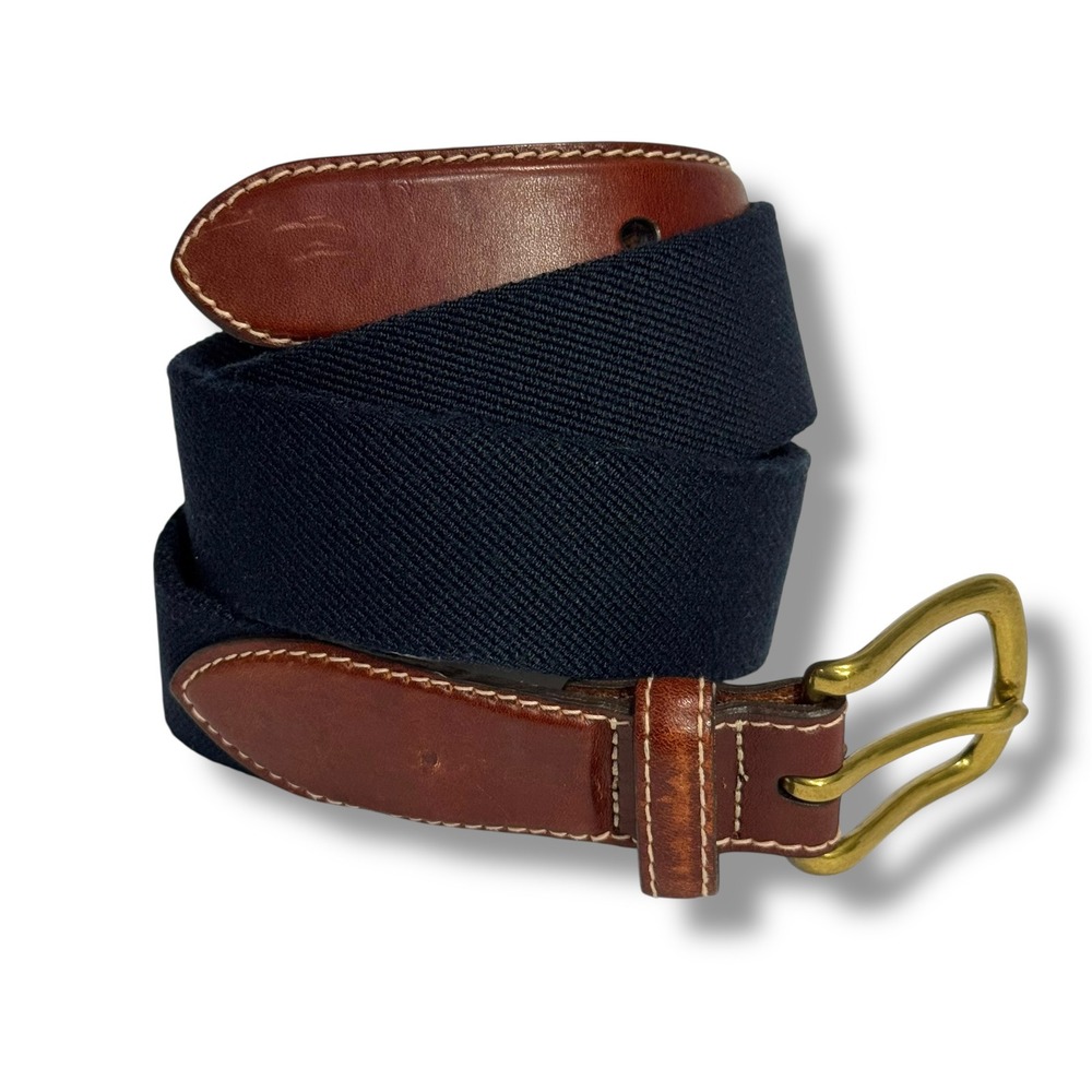 L.L. Bean Navy Canvas Surcingle Belt Brown Leather Brass Buckle Size 32